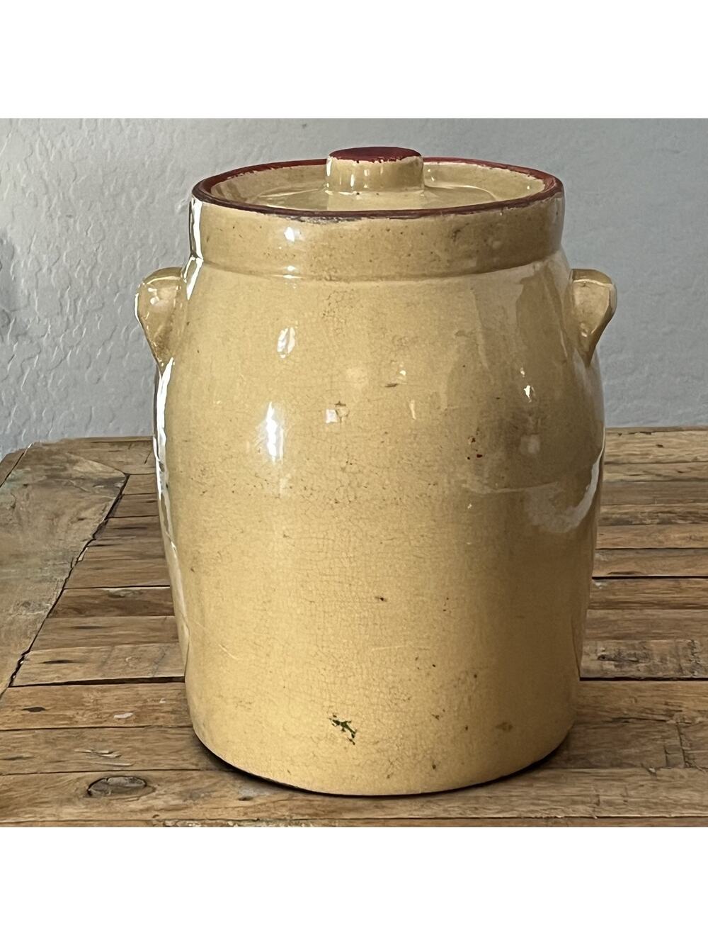Antique Primitive Jar Stoneware Pottery Crock Glazed 9.5" Red Trim